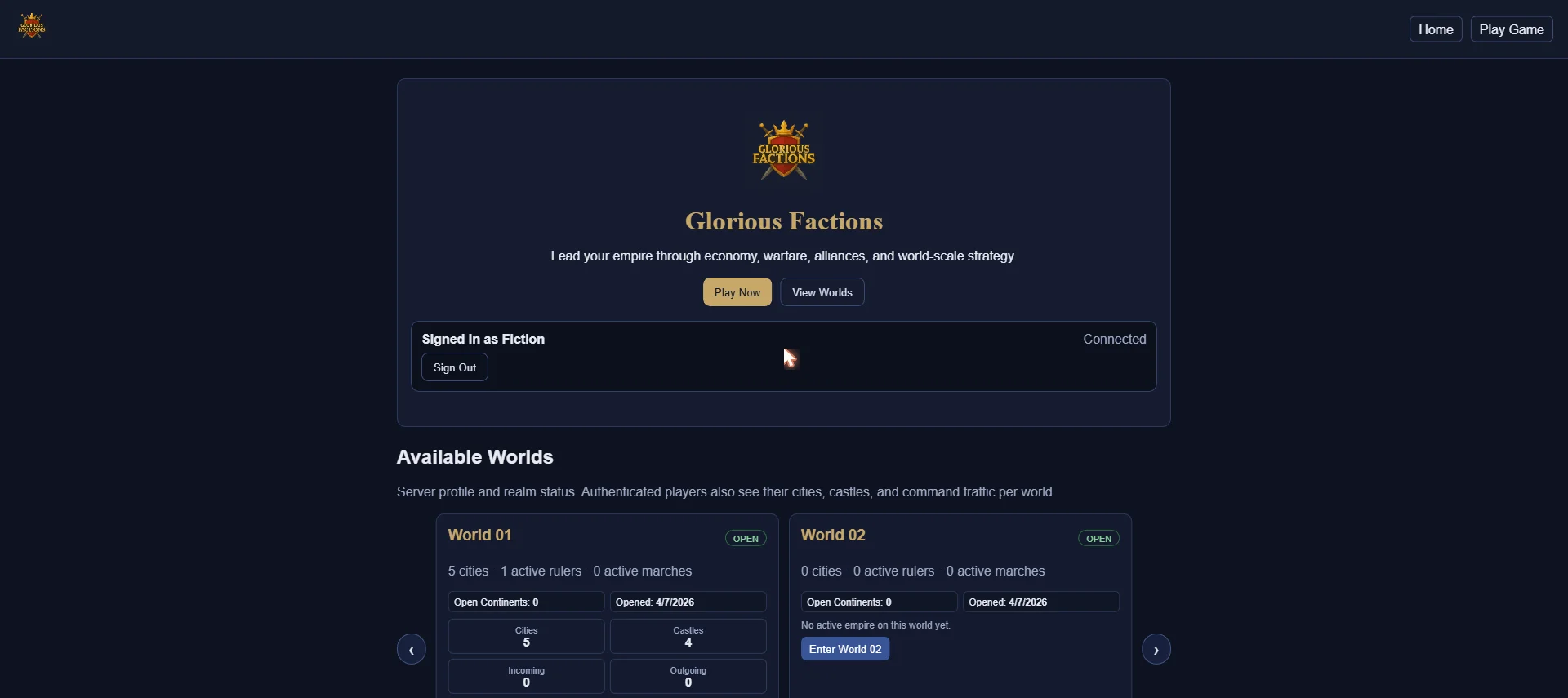 Glorious Factions browser-based strategy game